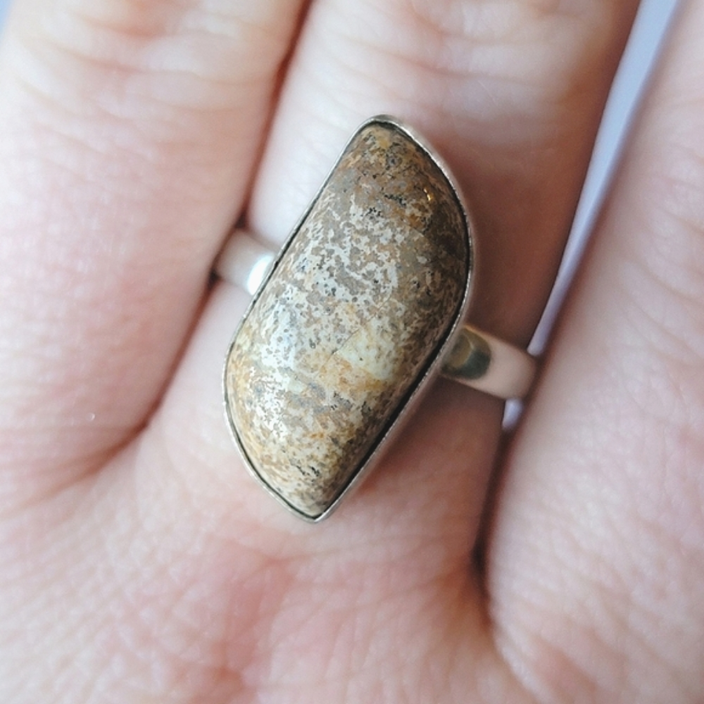 925 Picture Jasper Natural Stone Cabochon Ring Size 10 Silver Tone